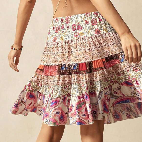 Multicolor Boho Women's Woven Floral Ruffled Skirt With Waist Tie - Picture 2 of 7